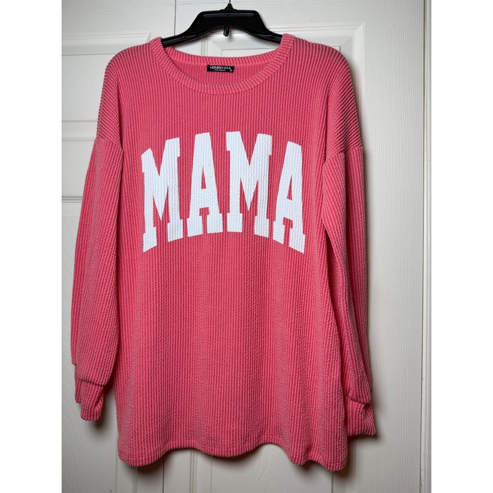Heimish USA‎ Pink Waffle Knit Mama Graphic Long Sleeve Top Small